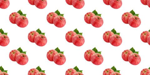 Pattern of pink apples with green leaves creating a seamless texture