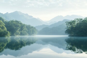Serene lake scene featuring mountains and lush green vegetation gracefully