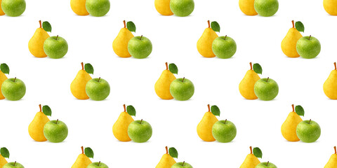 Seamless pattern of yellow pears and green apples creating a vibrant fruit design