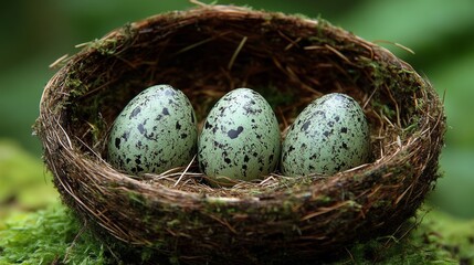 Obraz premium Three speckled eggs nestled in a bird's nest.