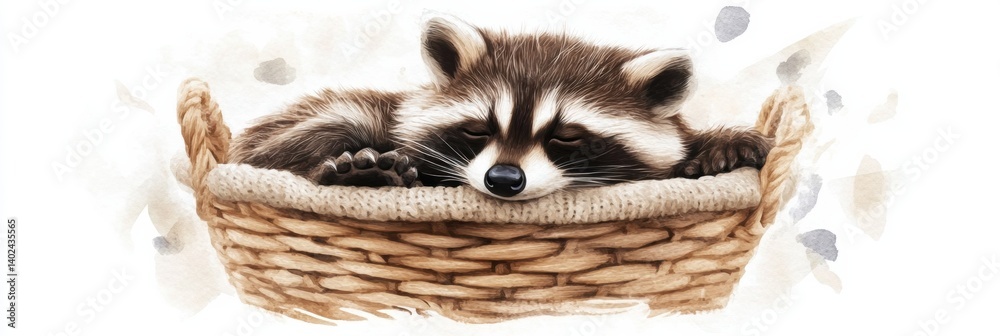 Poster sleepy raccoon relaxes in a cozy knitted basket during a pastel nap time in a serene setting