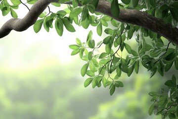 Fototapeta premium A green tree branch with leaves over blurred background of a forest