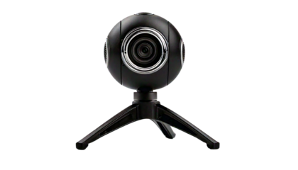 A webcam mounted on a mini tripod, isolated on a white background
