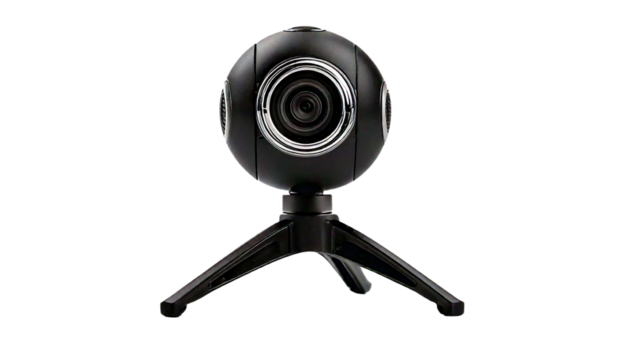 A webcam mounted on a mini tripod, isolated on a white background