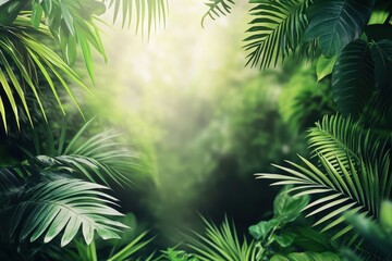 Verdant jungle foliage displaying lush leaves and gentle sunlight