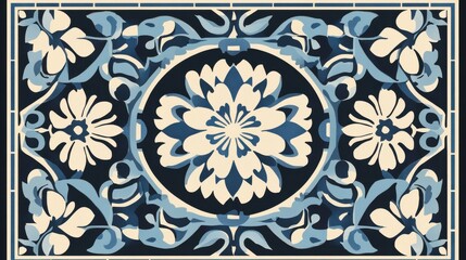Vintage Floor Blue floral Tile geometric design with ornamental element. Traditional Portuguese azulejo motifs. illustration