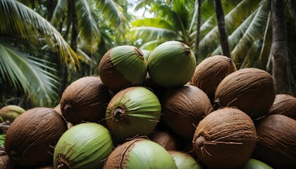Pile of Fresh Coconuts in Coconut Plantation