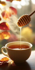 Autumnal Warmth: Honey Drizzling into Steaming Cup of Tea