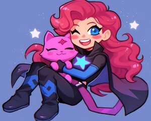 Girl Hugging Cat, Night Sky