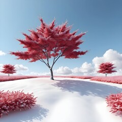 Pink Winter Wonderland Surreal Snowscape with Red Trees