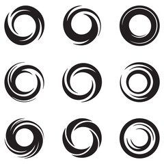 Spiral and swirl motion twisting circles design element set Vector Black silhouettes. with white background