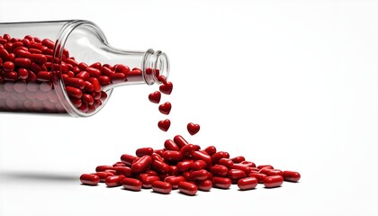 Red Heart-Shaped Pills Spilling from Bottle
