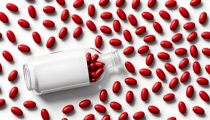 Red Capsules Spilled from Bottle with Blank Label