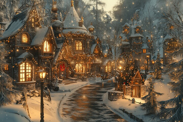 Fototapeta premium A picturesque winter village adorned with festive lights and a serene atmosphere.