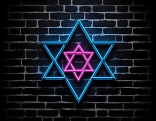 Neon Star of David on Brick Wall