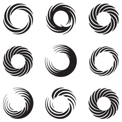 Spiral and swirl motion twisting circles design element set Vector Black silhouettes. with white background
