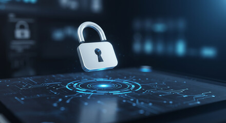 Padlock Icon on Futuristic Digital Interface Representing Cybersecurity and Data Protection

