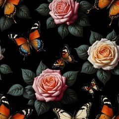 Seamless Pattern of Roses and Butterflies on Black Background