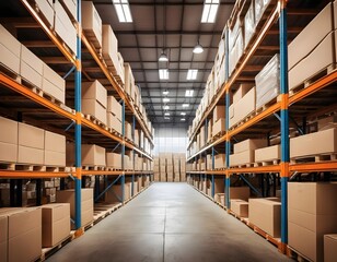 Warehouse Interior with Cardboard Boxes on Shelves