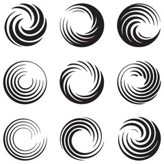 Spiral and swirl motion twisting circles design element set Vector Black silhouettes. with white background