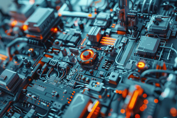 Fototapeta premium Detailed image of complex electronic circuit boards with glowing elements.