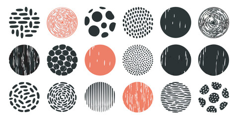 Abstract circles, geometric patterns, hand-drawn textures, black and white designs