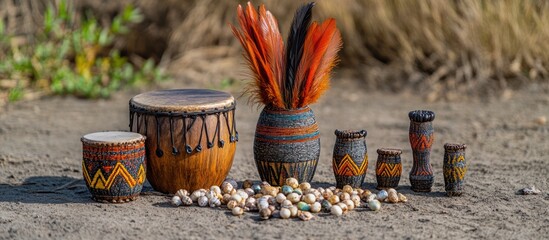African handcrafted drums and vessels on the ground
