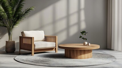 Modern Living Room with Wooden Armchair and Coffee Table, A modern living room setup with a wooden armchair, round coffee table, and a potted plant