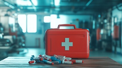 A vibrant red first aid kit sits prominently on a wooden surface with assorted medical supplies scattered nearby.