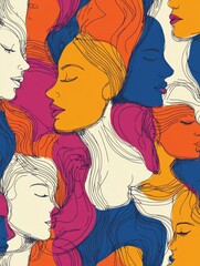 Abstract line face pattern. Bohemian woman faces profile, textile art print. Trendy fashion drawing girls, aesthetic minimal doodle decent vector seamless texture illustration