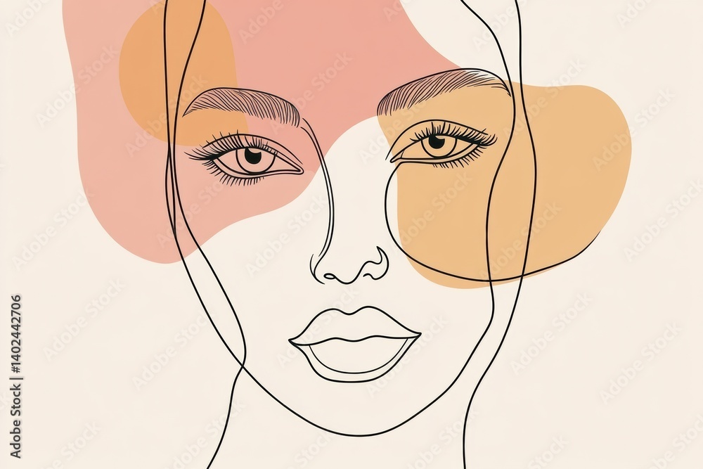 Poster single-line art face drawing with minimal pastel colors showcasing abstract fashion style over a cle