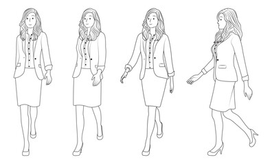Doodle Line Art of a Young Businesswoman Wearing a Suit and Skirt in Various Walking Poses.
