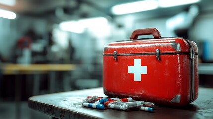 A vibrant red first aid kit sits on a wooden table, surrounded by assorted pills, emphasizing safety and preparedness.
