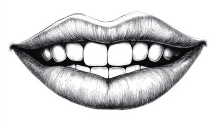 Fototapeta premium Perfect smile with shiny white teeth. Mouth hygiene and dentist medical care illustration. Woman lips with beautiful and happy smiling open mouth. Hand drawn vintage illustration. Old style drawing. 