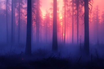 A forest devastated by wildfires, scorched trees and smoke lingering in the air, soft evening light.