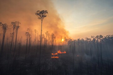 Obraz premium A forest devastated by wildfires, scorched trees and smoke lingering in the air, soft evening light.