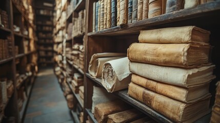 Ancient bookshelves, library, aged texts, historical archives, research