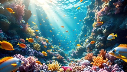 Obraz premium Vibrant Coral Reef Fish Underwater Scene Sunlight