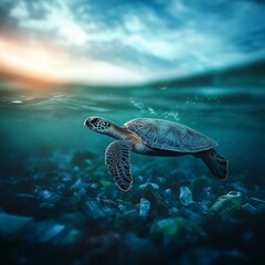 Obraz premium Close-up of a turtle trapped in plastic waste underwater, blurred background.