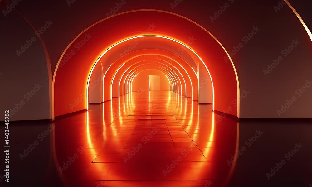 Wall mural glowing red arched corridor with soft illumination and reflective surface creating an abstract atmos