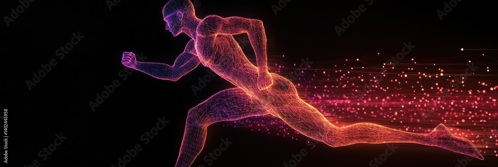 Poster runner silhouette showcasing muscles as glowing digital wireframe mesh in motion freeze against dark