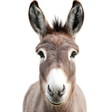 Close up portrait of a cute donkey farm animal with big eyes and ears on black background isolated image on transparent background