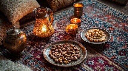 Fototapeta premium Cozy setting with semeni, festive plates of shakarbura, pahlava, and nuts on a traditional carpet 