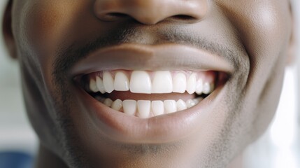 Fototapeta premium A smiling black man with perfect white teeth, close-up on mouth and lips. Dental clinic patient. African American man's mouth