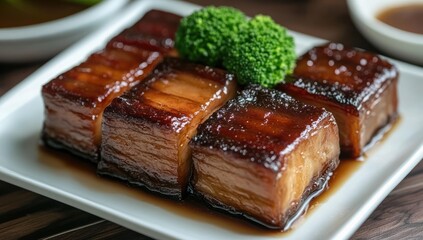 Braised pork belly cubes served on a white plate with broccoli.