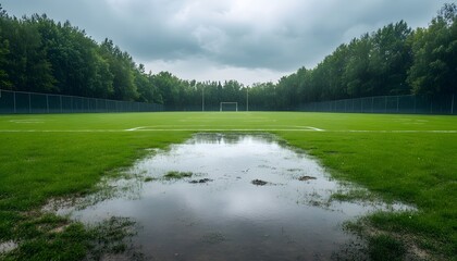 Waterlogged Soccer Field Under Stormy Skies: Flooded Pitch in Dramatic Weather, Green Grass Field, Muddy Waterscape, and Ominous Clouds.
