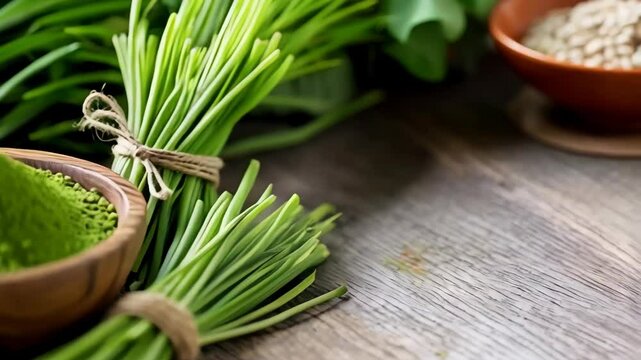 A wooden bowl filled with finely green organic powder like wheatgrass, surrounded by fresh, vibrant green wheatgrass herb blades, on a wooden table, in a rustic, natural layout