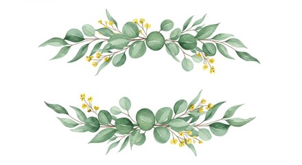Watercolor greenery borders with eucalyptus leaves and yellow floral accents in soft green tones on a white background