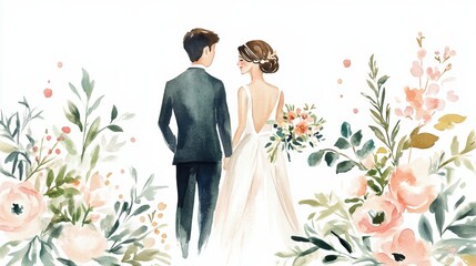 watercolor wedding clipart, bride clipart, wedding invitation, marriage sticker, engagement, isolated elements on white background illustration