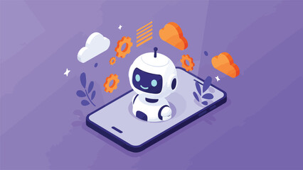 futuristic vector illustration of a small AI robot emerging from a smartphone screen. The robot should have an approachable design, featuring a smiling face and an antenna on top. 